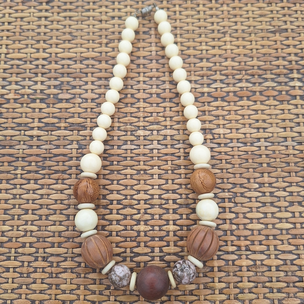 Earthy Tone Vintage Beaded Necklace Wood and Bone Look Beans Natural Cream Boho